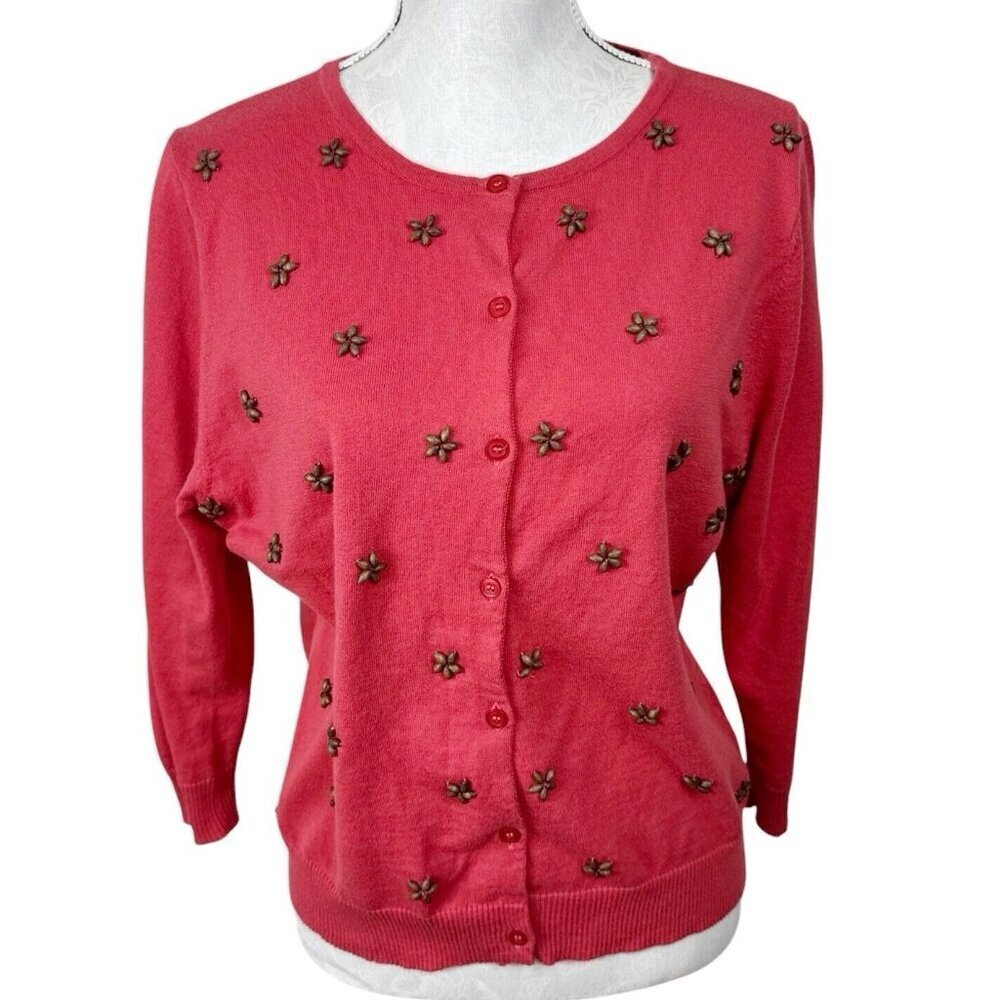 Garnett Hill Women's L Beaded Floral Cardigan Sweater Coral Pink‎ 3/4 Sleeve EUC